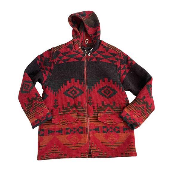 VTG Woolrich Womens Aztec Wool Hooded Jacket Size L Red Tribal Native USA 90s - Picture 1 of 16